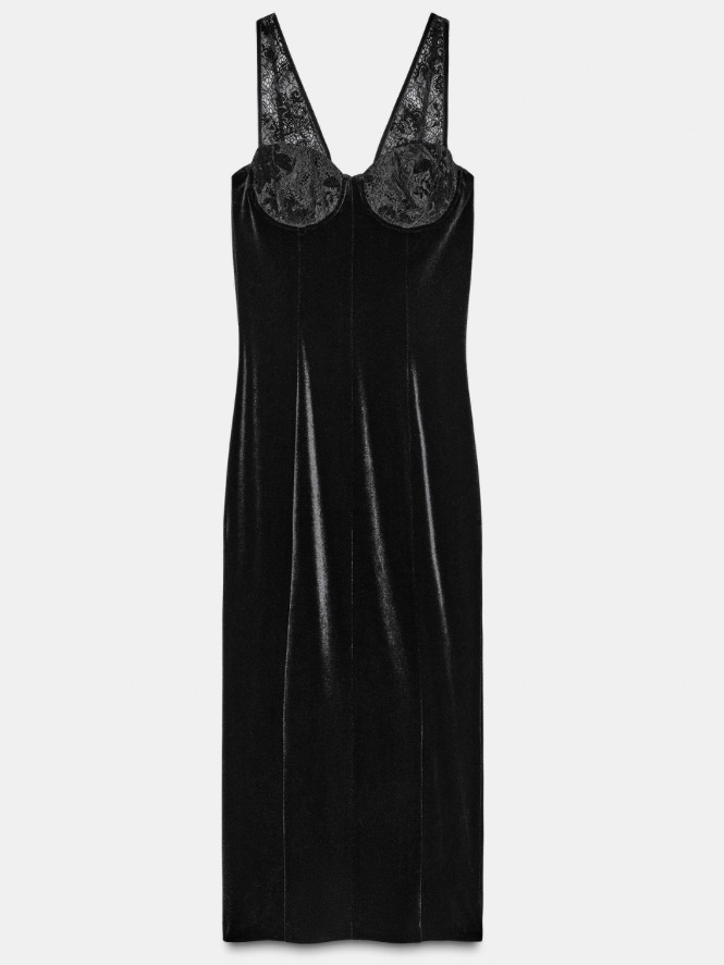 Zara Black Velvet Midi Dress With Lace Bust